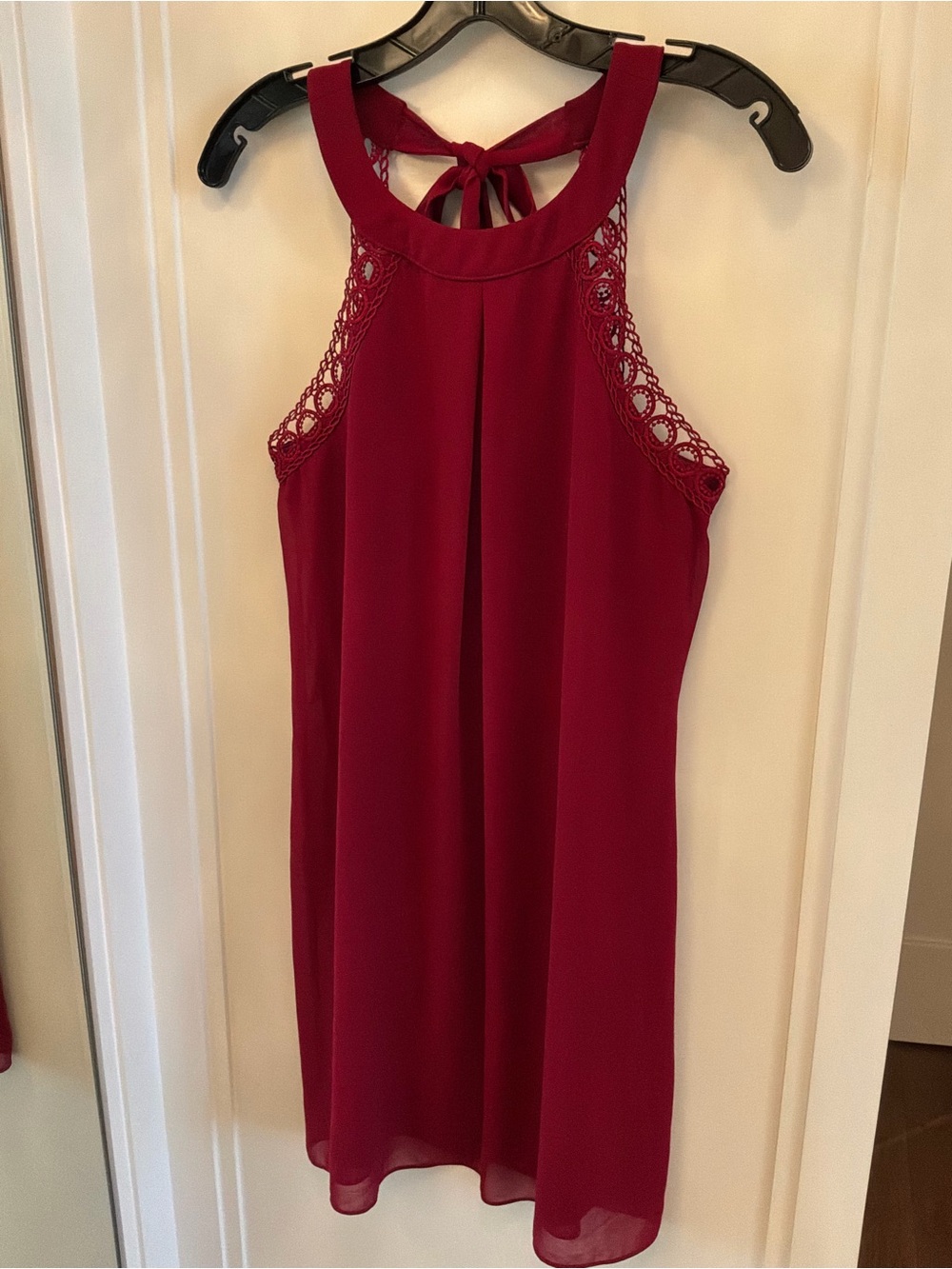 BCX Burgundy Halter Mini Dress with Crochet Shoulder Detail